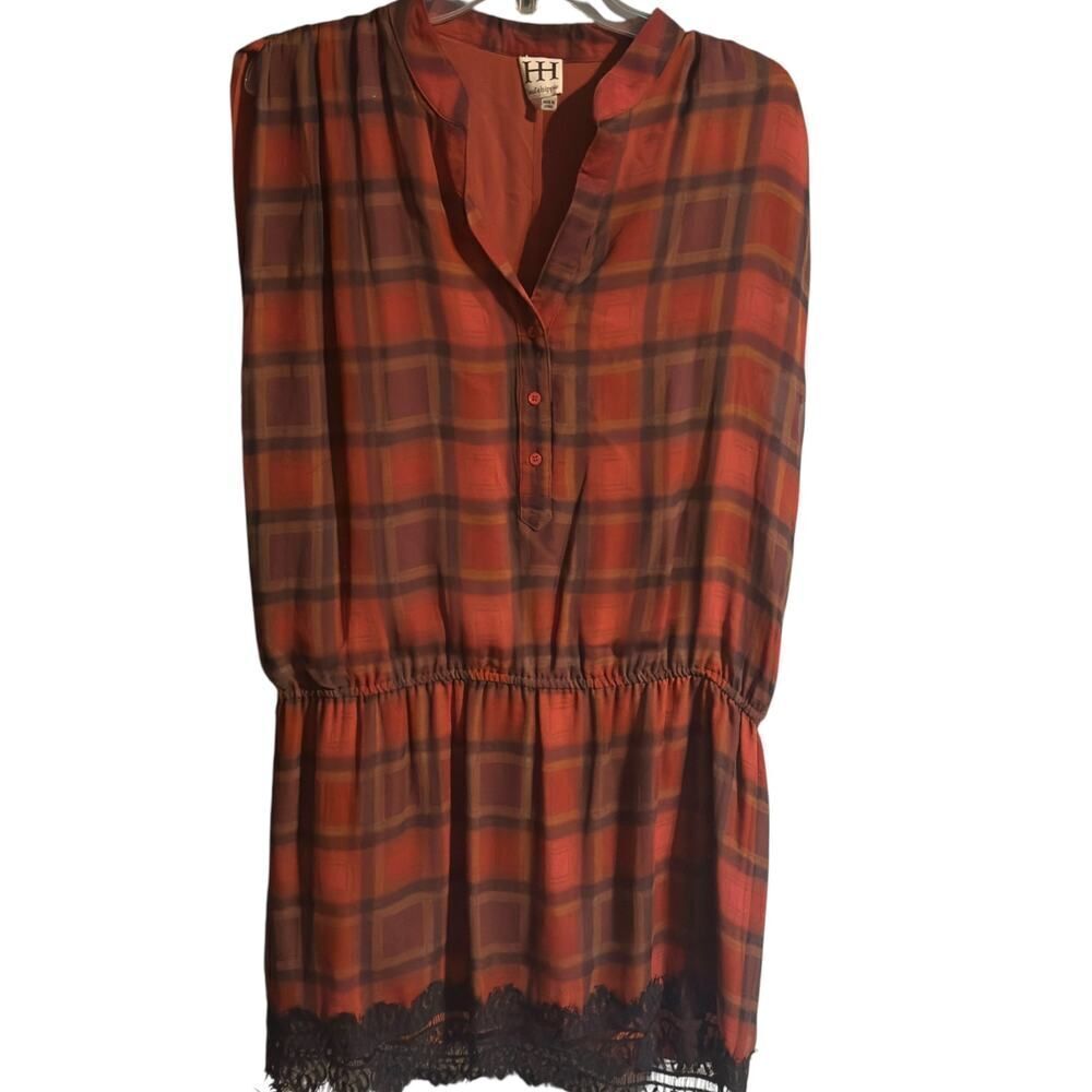 Haute Hippie Silk Plaid Dress L Red Black Lace Trim Gossip Girl